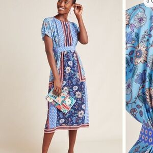 Anthropologie Patchwork Floral Blue and Pink Midi Dress
